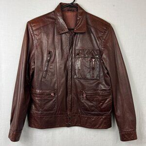 Vintage Fantastic International Leather Cargo Bomber Jacket Men L Aviator Cognac